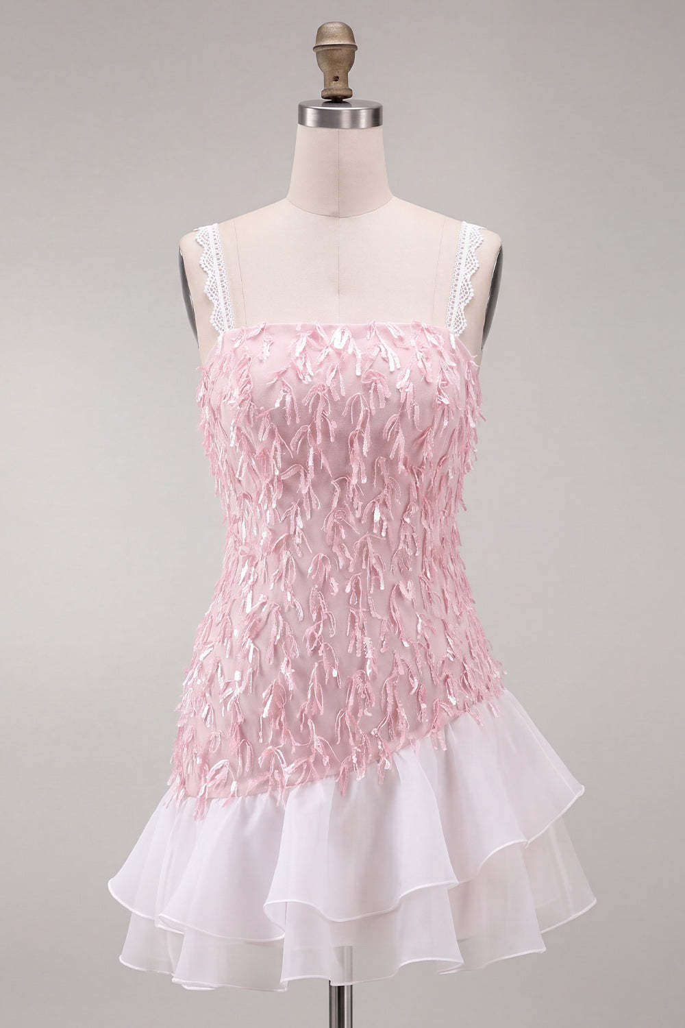 Sparkly Pink Sequin Square Neck Short Homecoming Dress