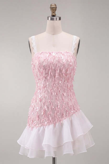 Sparkly Pink Sequin Square Neck Short Homecoming Dress