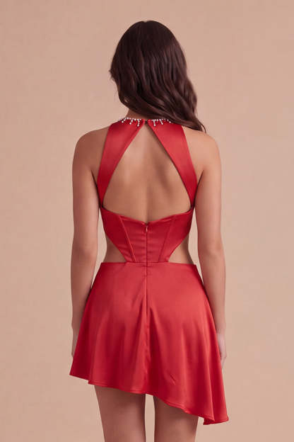 Red Corset A Line Beaded Asymmetrical Homecoming Dress