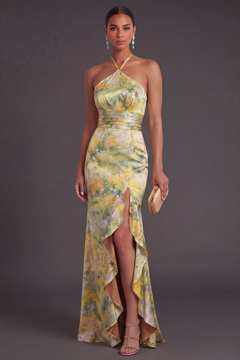 Leely Women Yellow Floral Mermaid Halter Neck Long Formal Dress with Slit Ruffled Satin Wedding Guest Dress