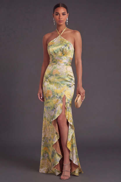 Leely Women Yellow Floral Mermaid Halter Neck Long Formal Dress with Slit Ruffled Satin Wedding Guest Dress