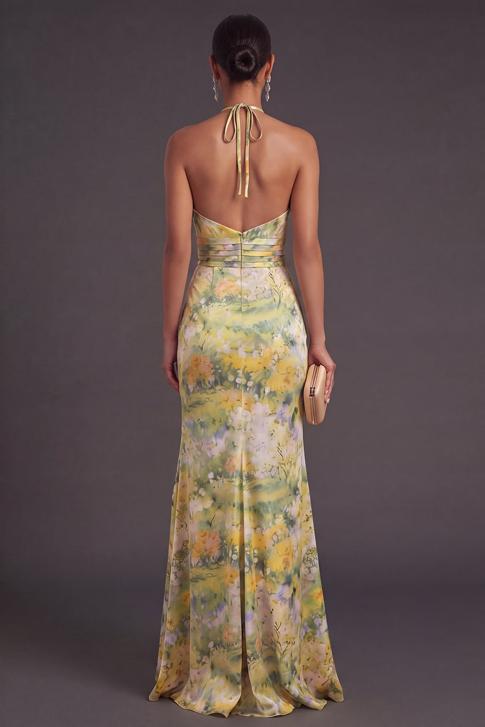 Yellow Floral Mermaid Ruffled Halter Neck Long Formal Dress with Slit