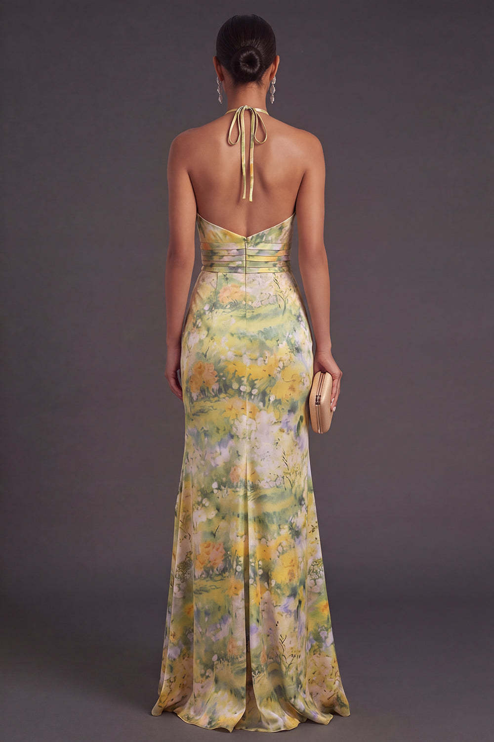 Yellow Floral Mermaid Ruffled Halter Neck Long Formal Dress with Slit