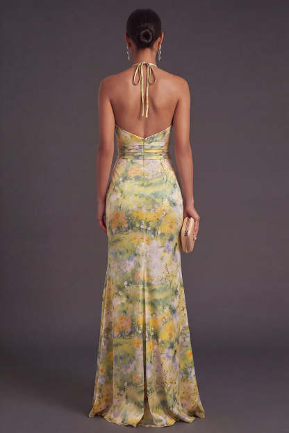 Yellow Floral Mermaid Ruffled Halter Neck Long Formal Dress with Slit