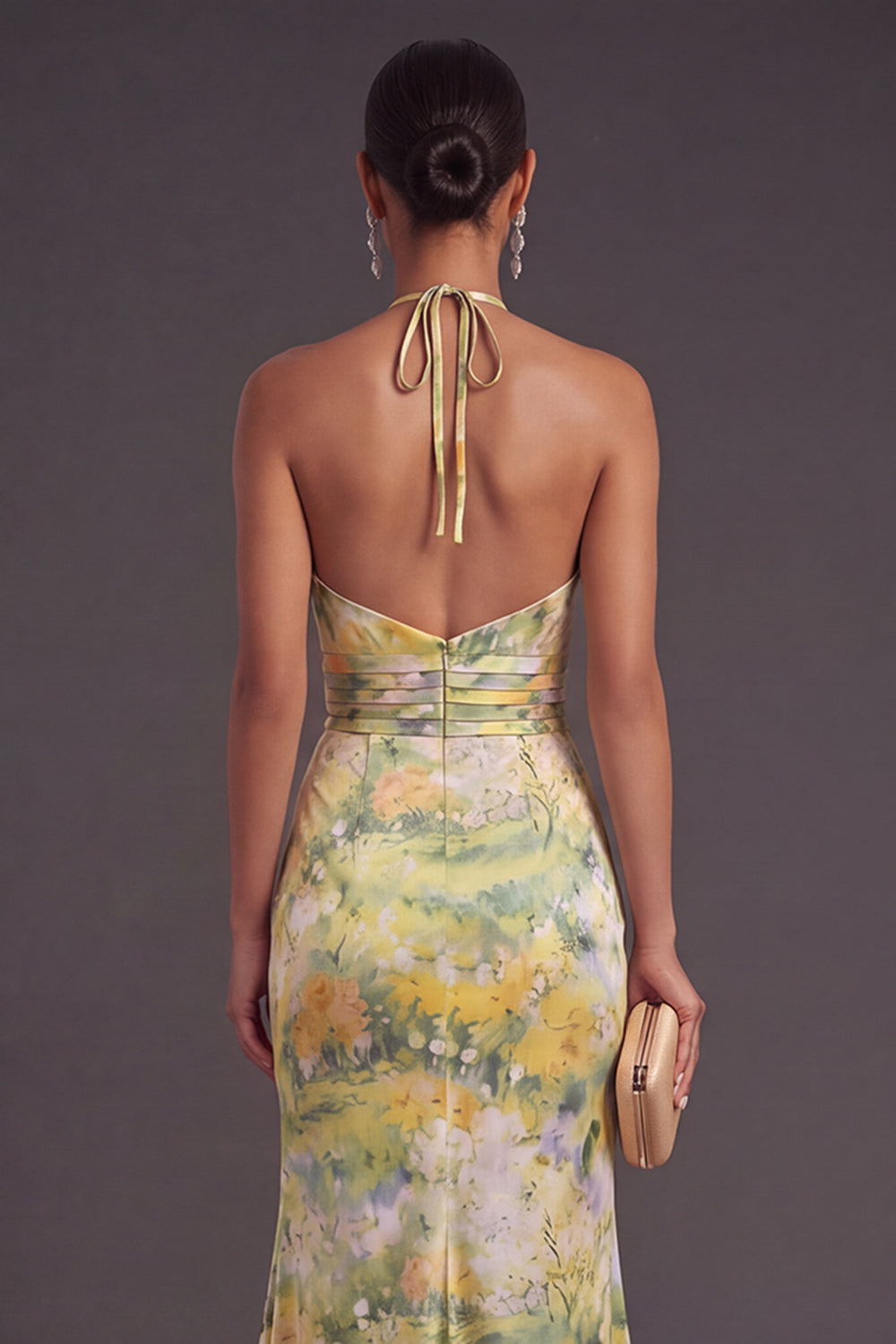 Yellow Floral Mermaid Ruffled Halter Neck Long Formal Dress with Slit