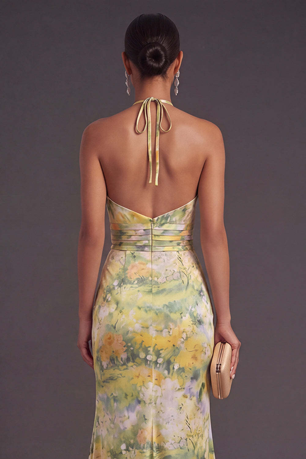 Yellow Floral Mermaid Ruffled Halter Neck Long Formal Dress with Slit