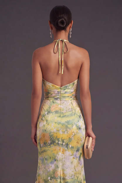 Yellow Floral Mermaid Ruffled Halter Neck Long Formal Dress with Slit