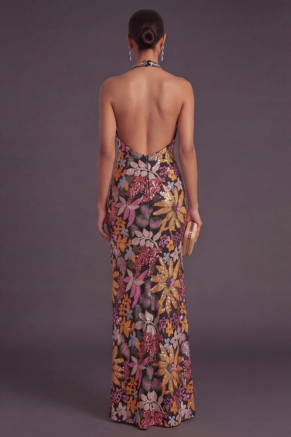 Black Floral Sparkly Sequins Long Formal Dress with Slit