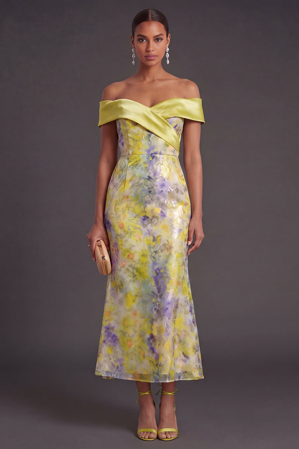 Yellow Floral Off the Shoulder Mermaid Long Formal Dress
