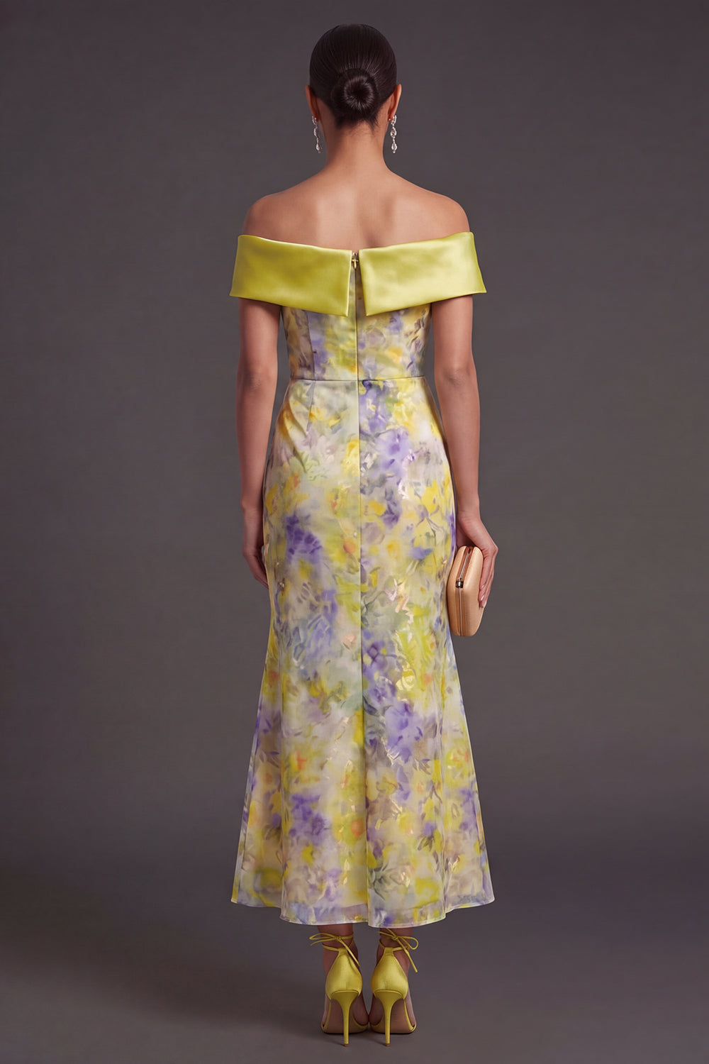 Yellow Floral Off the Shoulder Mermaid Long Formal Dress