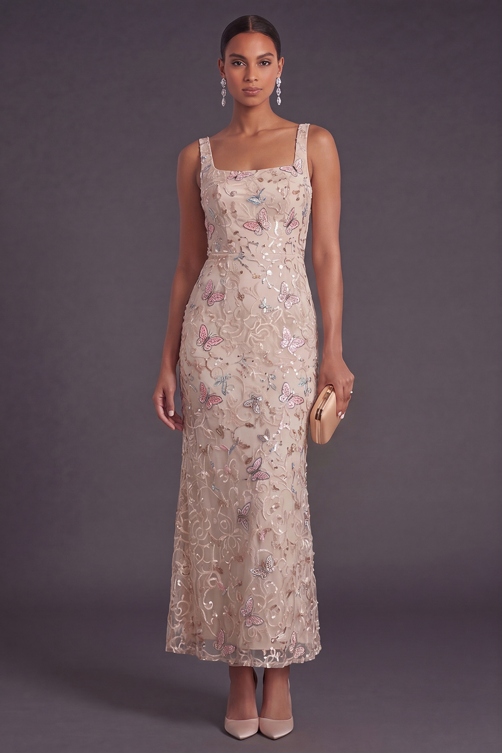Yellow Floral Square Neck Mermaid Long Formal Dress