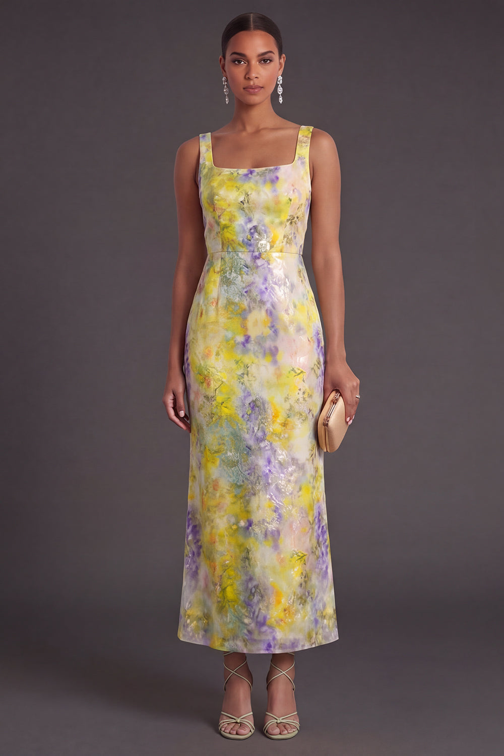 Leely Women Yellow Floral Long Formal Dress Square Neck Mermaid Wedding Guest Dress