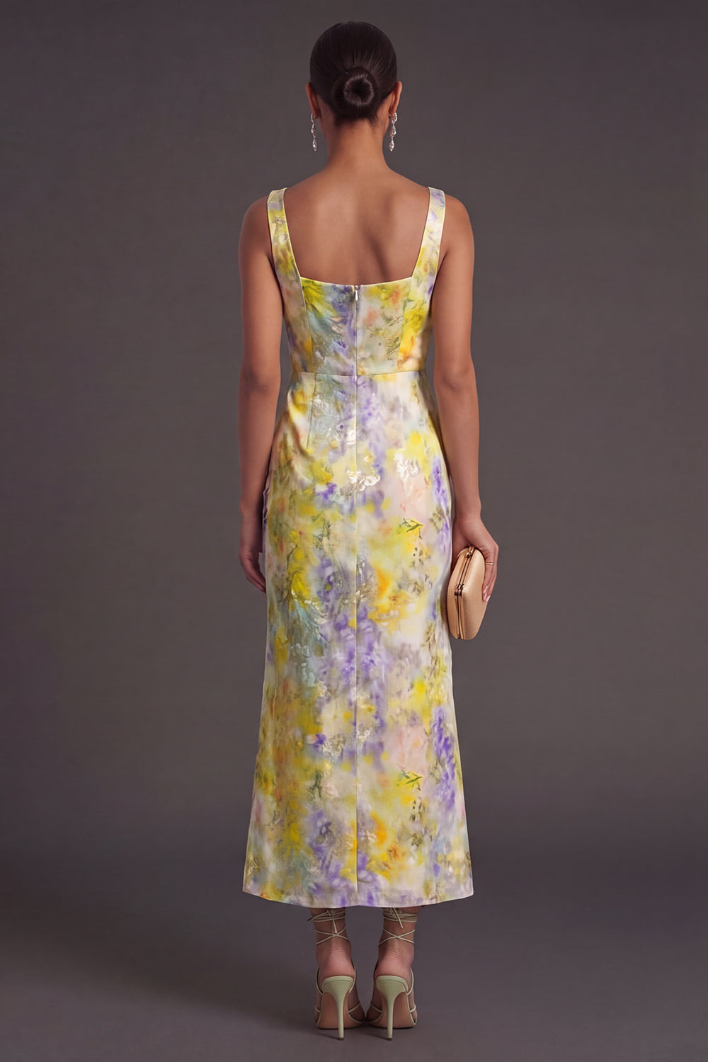 Yellow Floral Square Neck Mermaid Long Formal Dress