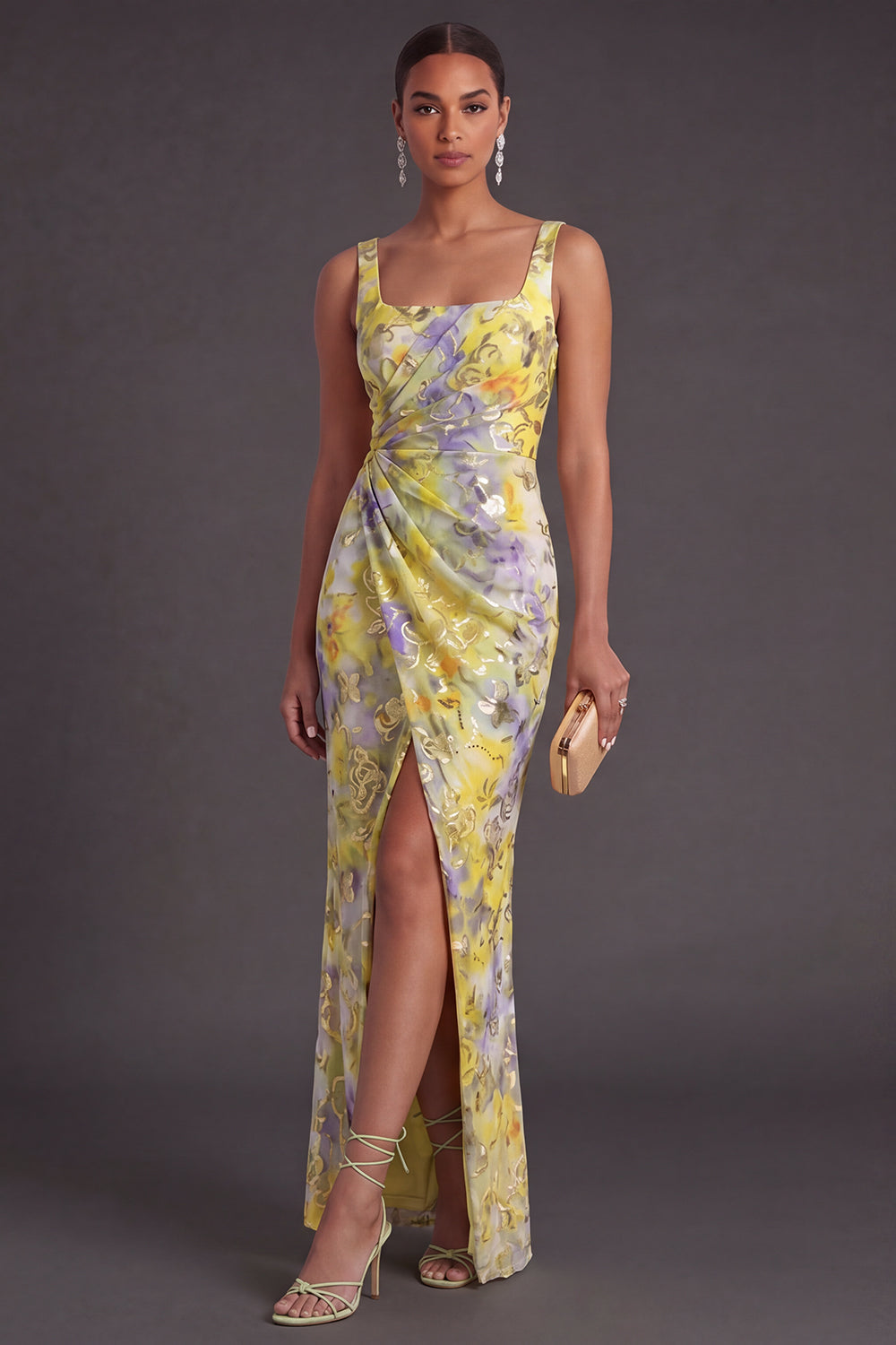 Yellow Floral Square Neck Mermaid Long Formal Dress with Slit