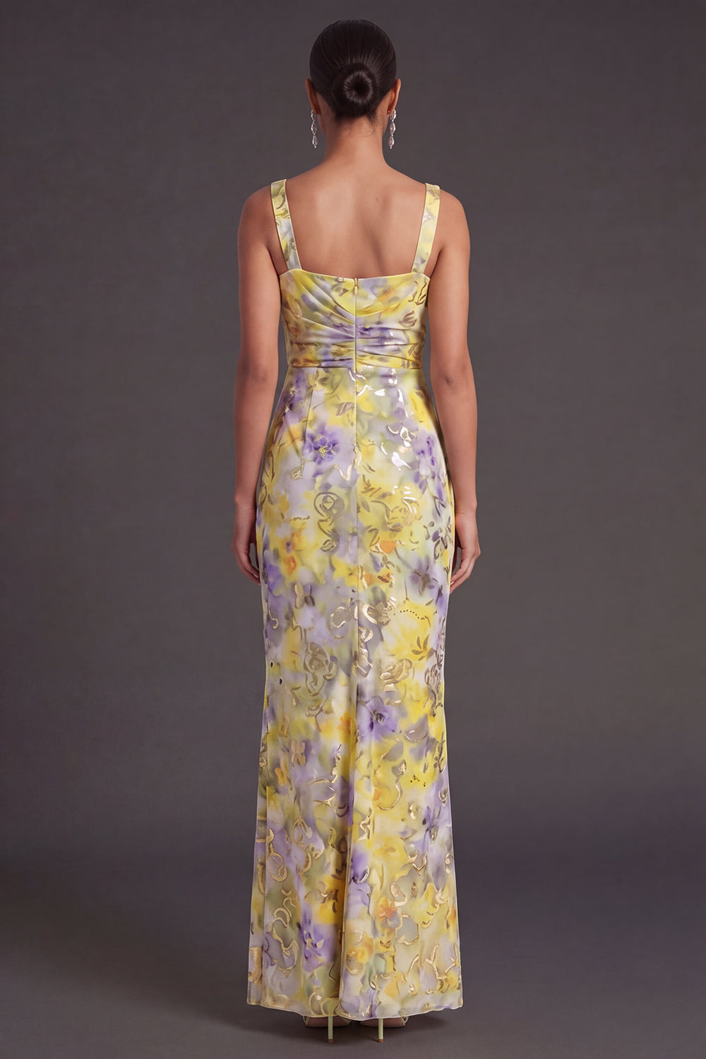 Yellow Floral Square Neck Mermaid Long Formal Dress with Slit