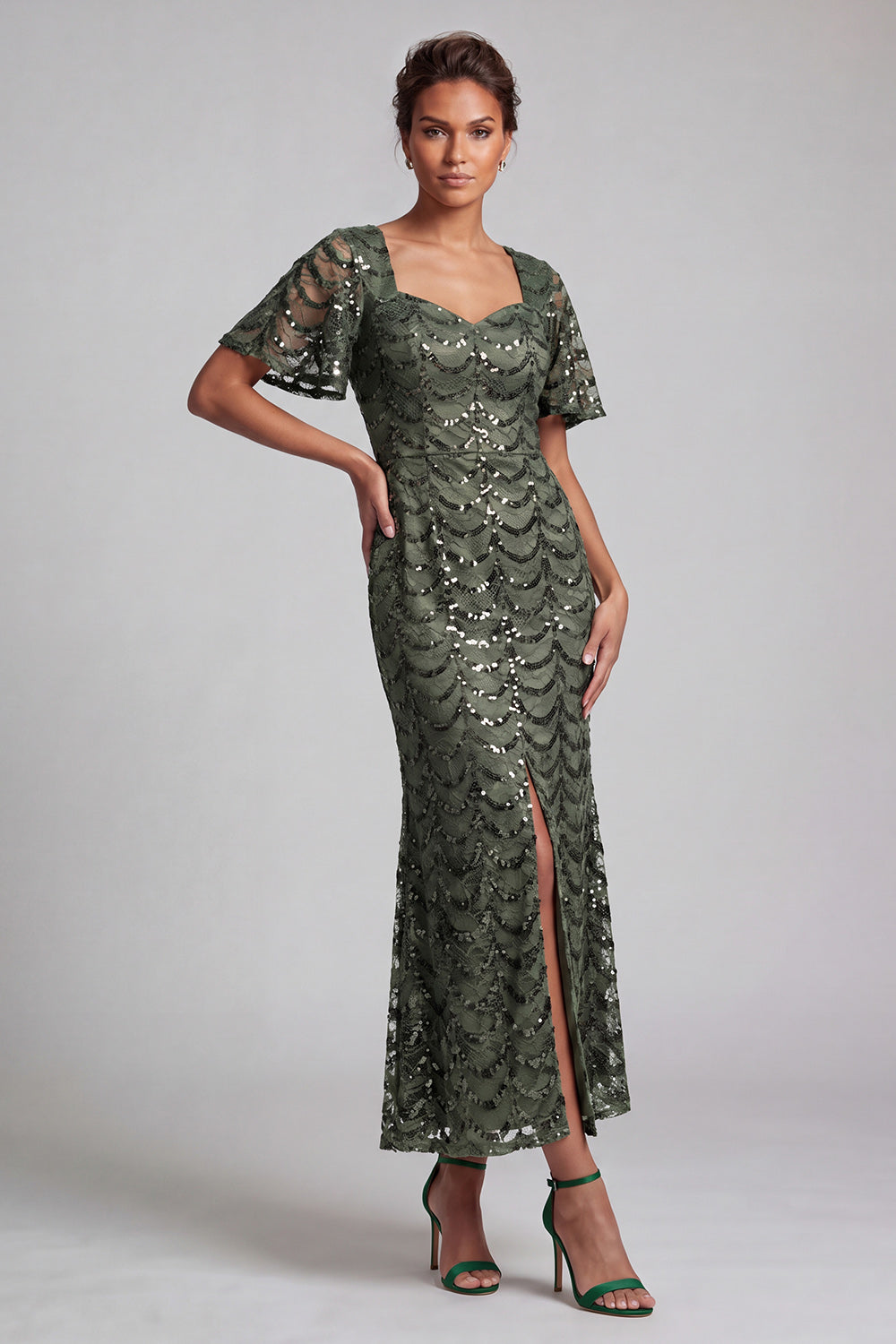 Leely Women Sparkly Chocolate Sequined Long Mother of the Bride Dress Mermaid Sweetheart Formal Dress with Sleeves