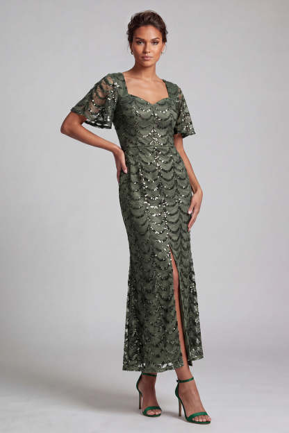 Leely Women Sparkly Chocolate Sequined Long Mother of the Bride Dress Mermaid Sweetheart Formal Dress with Sleeves