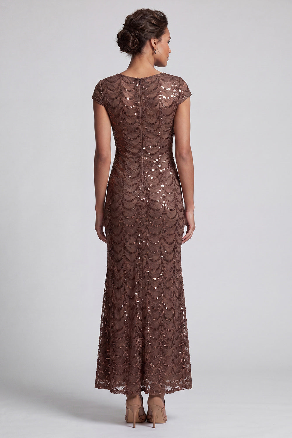 Chocolate Mermaid Round Neck Sequined Long Mother of the Bride Dress