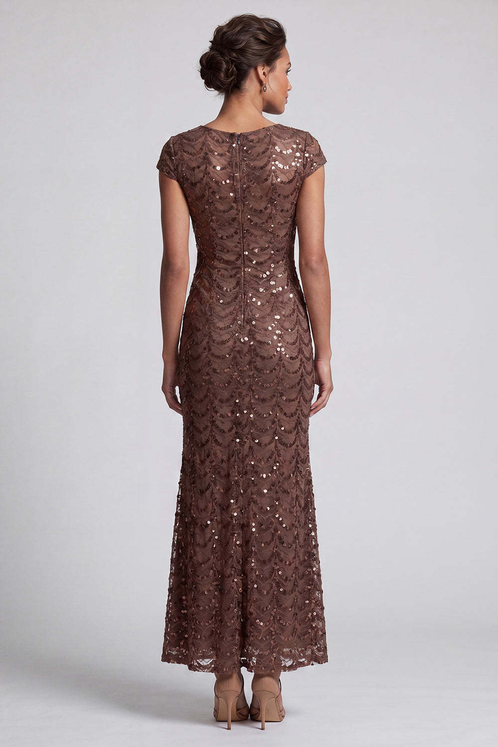 Chocolate Mermaid Round Neck Sequined Long Mother of the Bride Dress