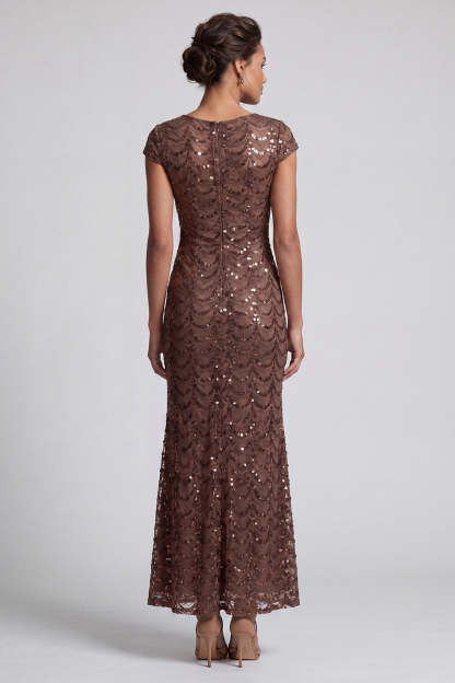 Chocolate Mermaid Round Neck Sequined Long Mother of the Bride Dress