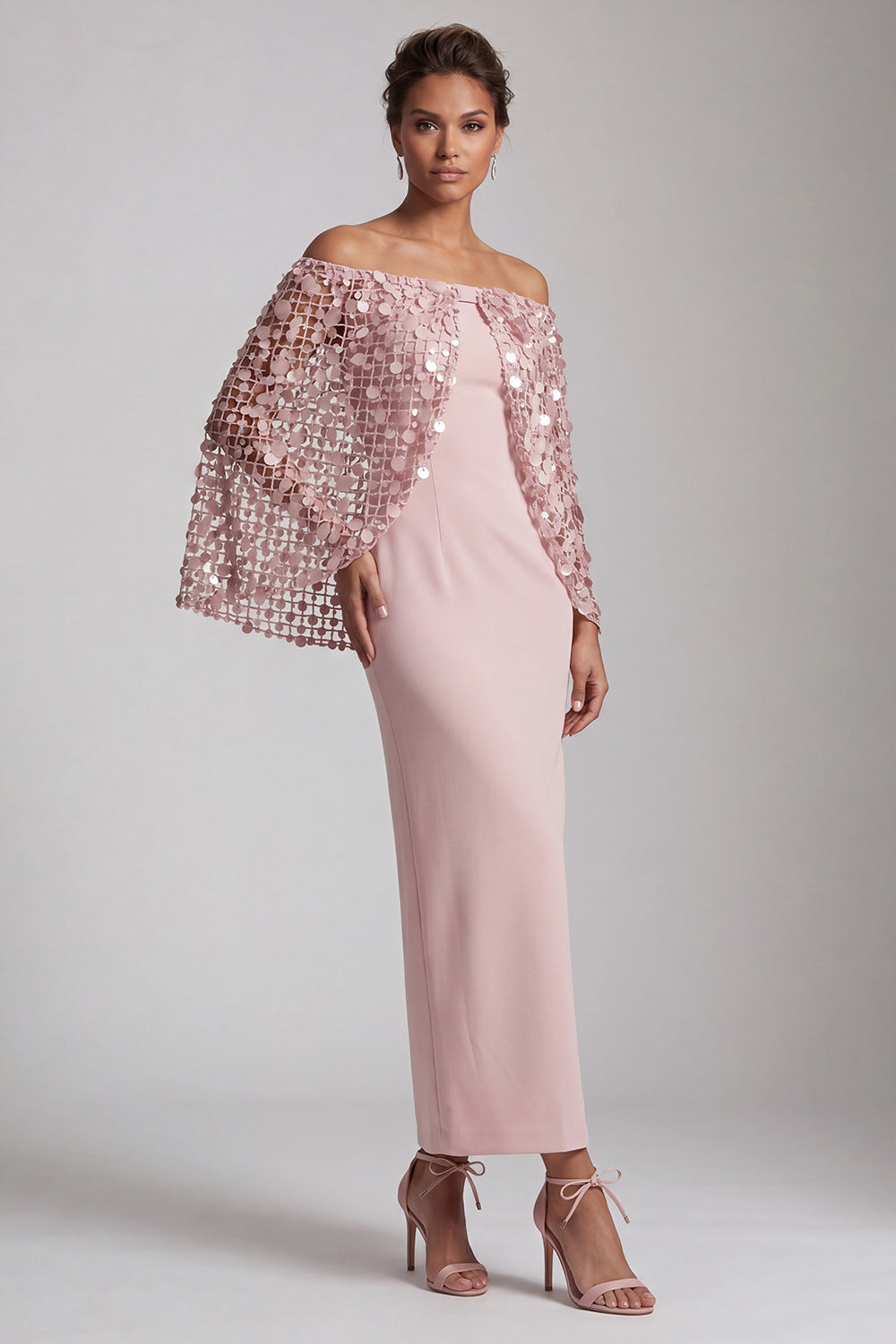 Blush Sparkly Sequined Mermaid Long Mother of the Bride Dress with Cape