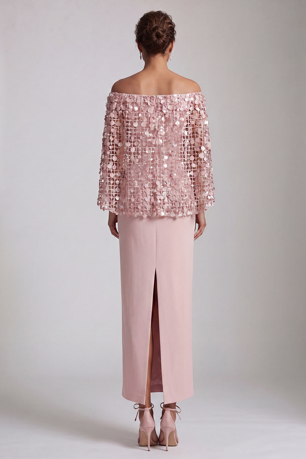 Blush Sparkly Sequined Mermaid Long Mother of the Bride Dress with Cape