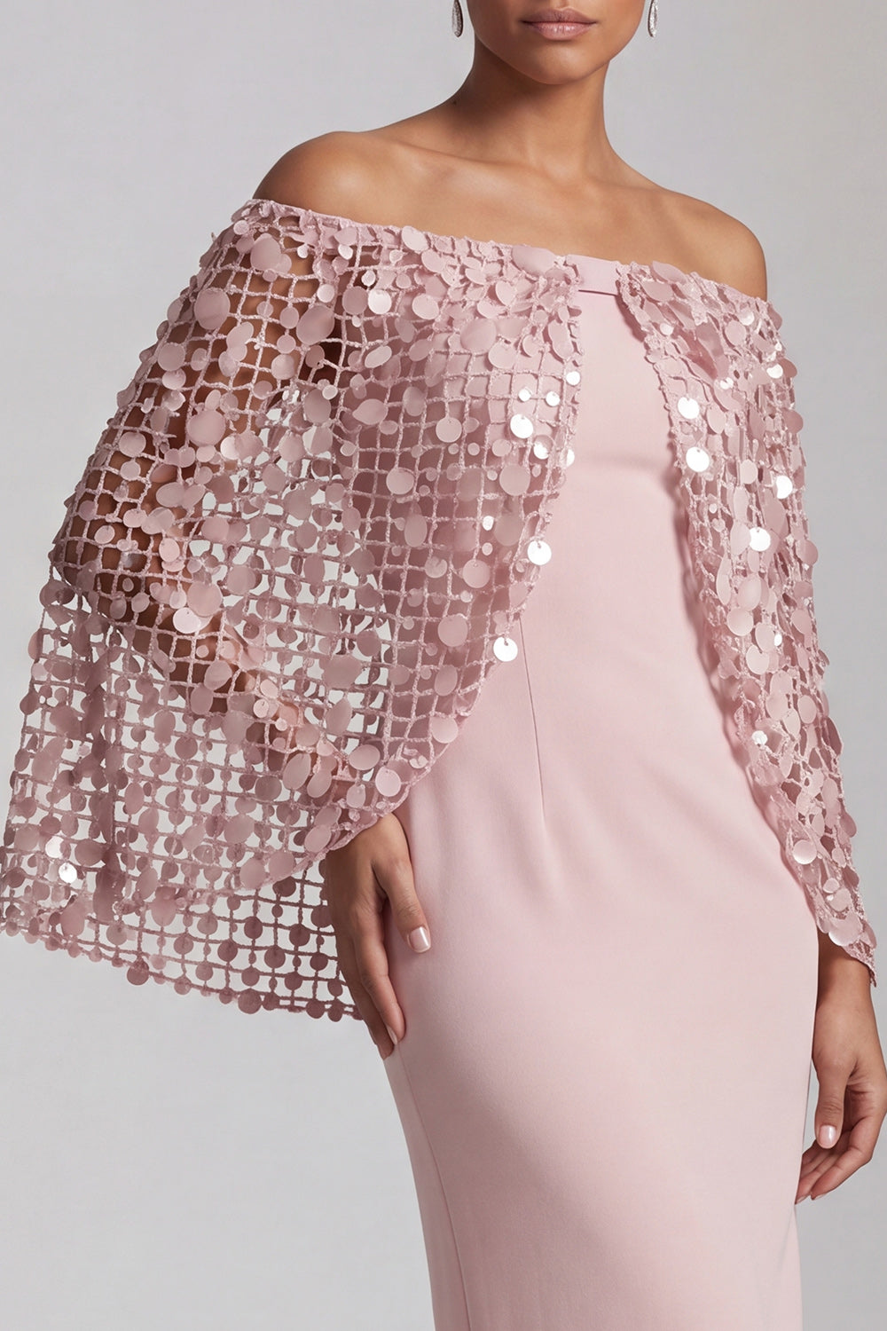 Blush Sparkly Sequined Mermaid Long Mother of the Bride Dress with Cape