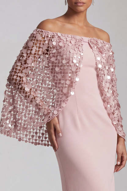 Blush Sparkly Sequined Mermaid Long Mother of the Bride Dress with Cape