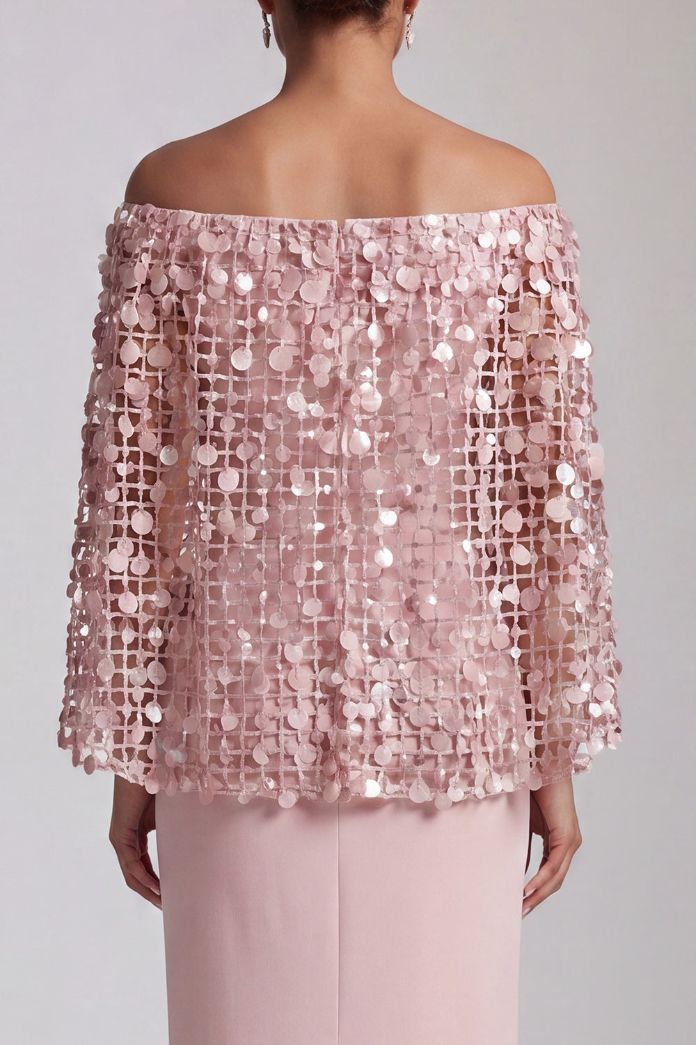 Blush Sparkly Sequined Mermaid Long Mother of the Bride Dress with Cape