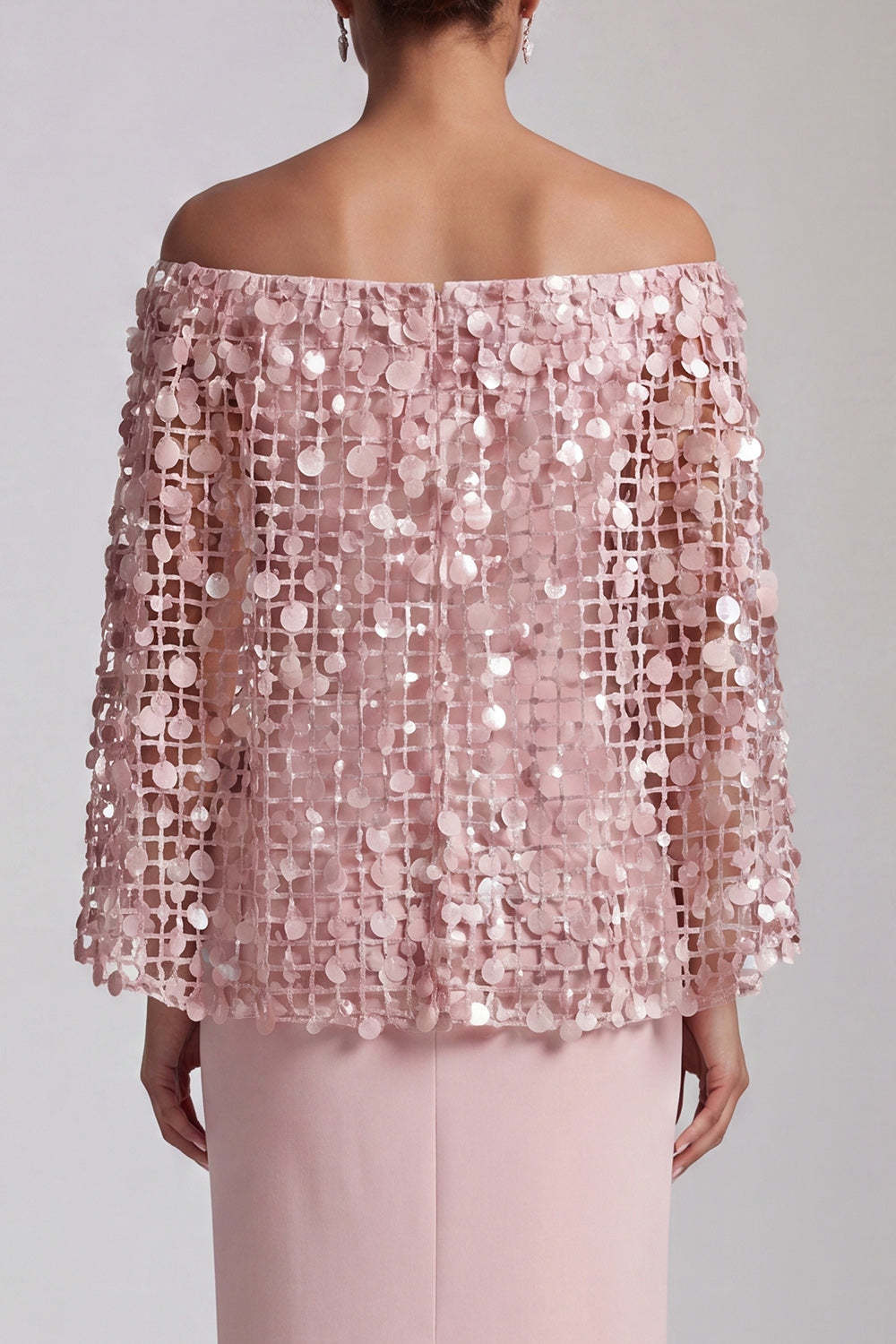 Blush Sparkly Sequined Mermaid Long Mother of the Bride Dress with Cape