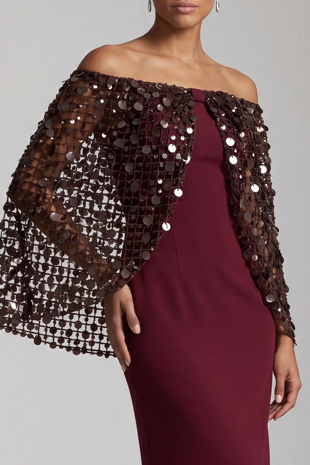 Blush Sparkly Sequined Mermaid Long Mother of the Bride Dress with Cape