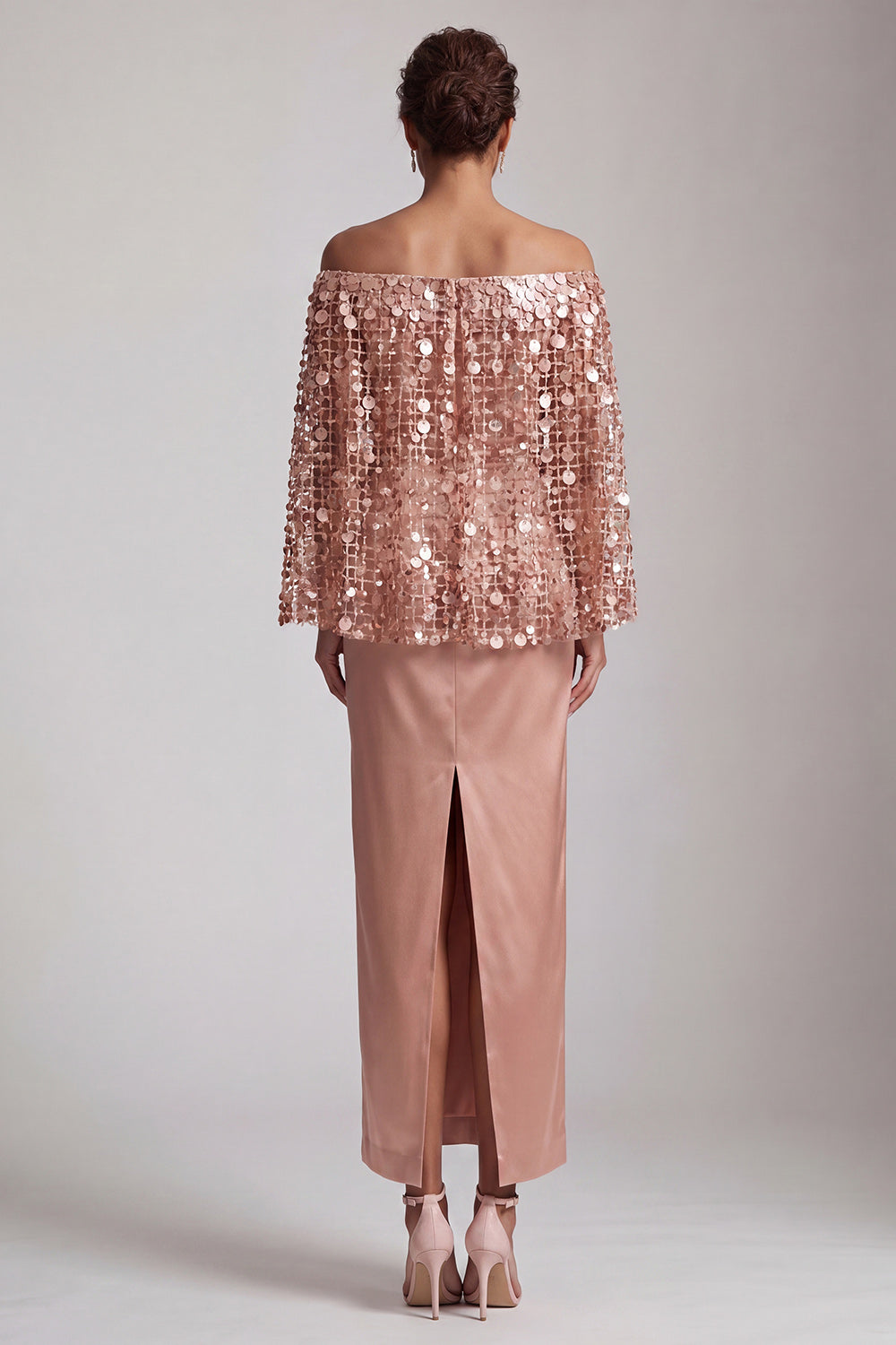 Blush Sparkly Sequined Mermaid Long Mother of the Bride Dress with Cape