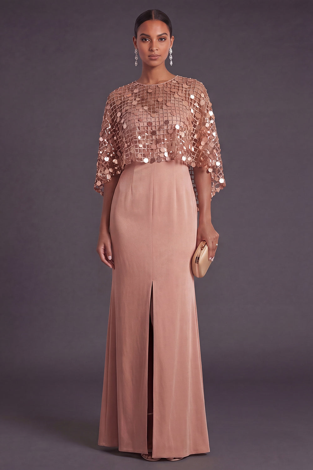 Sparkly Dusty Rose Sequin Boat Neck Mermaid Long Formal Dress with Slit