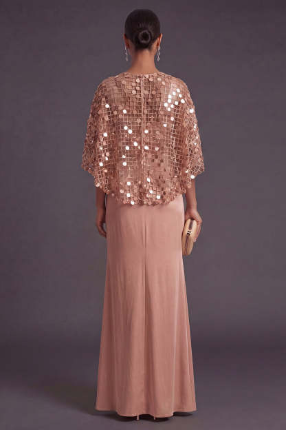 Sparkly Dusty Rose Sequin Boat Neck Mermaid Long Formal Dress with Slit