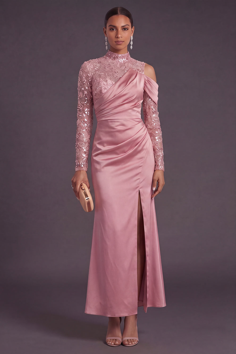 Pink Sparkly Sequin Floral High Neck Mermaid Long Formal Dress with Slit
