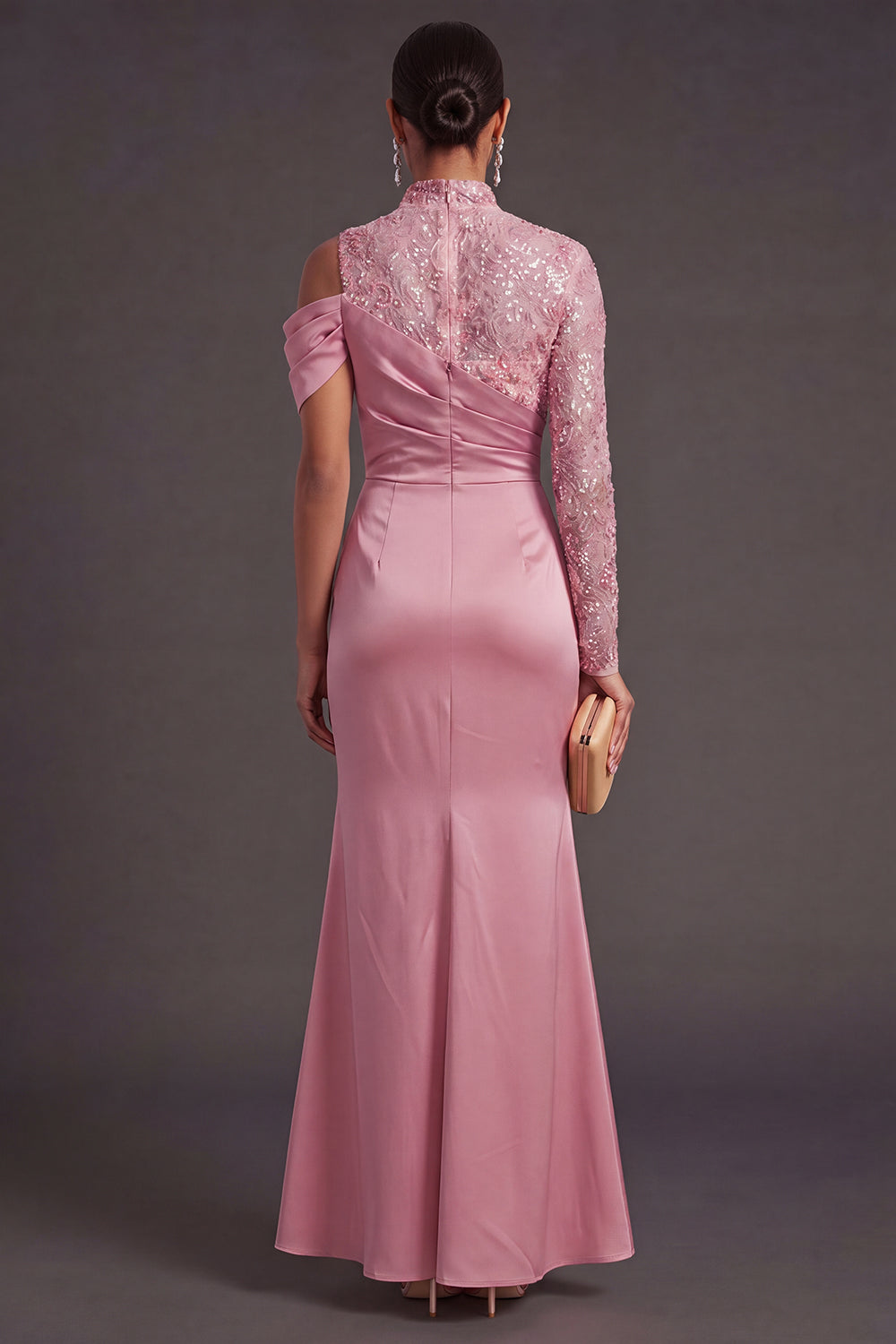 Pink Sparkly Sequin Floral High Neck Mermaid Long Formal Dress with Slit