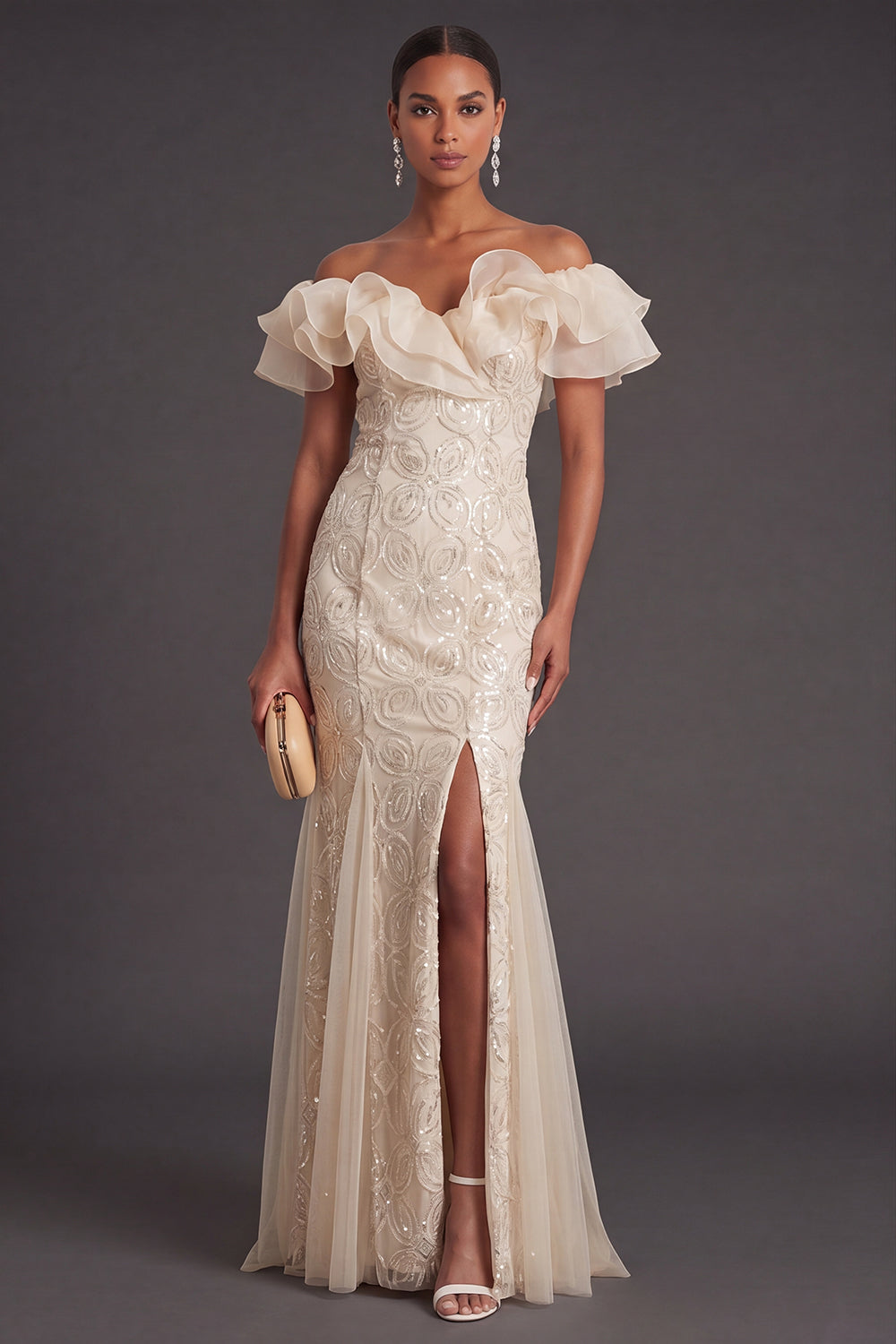 Sparkly Apricot Floral Off the Shoulder Mermaid Long Formal Dress with Slit