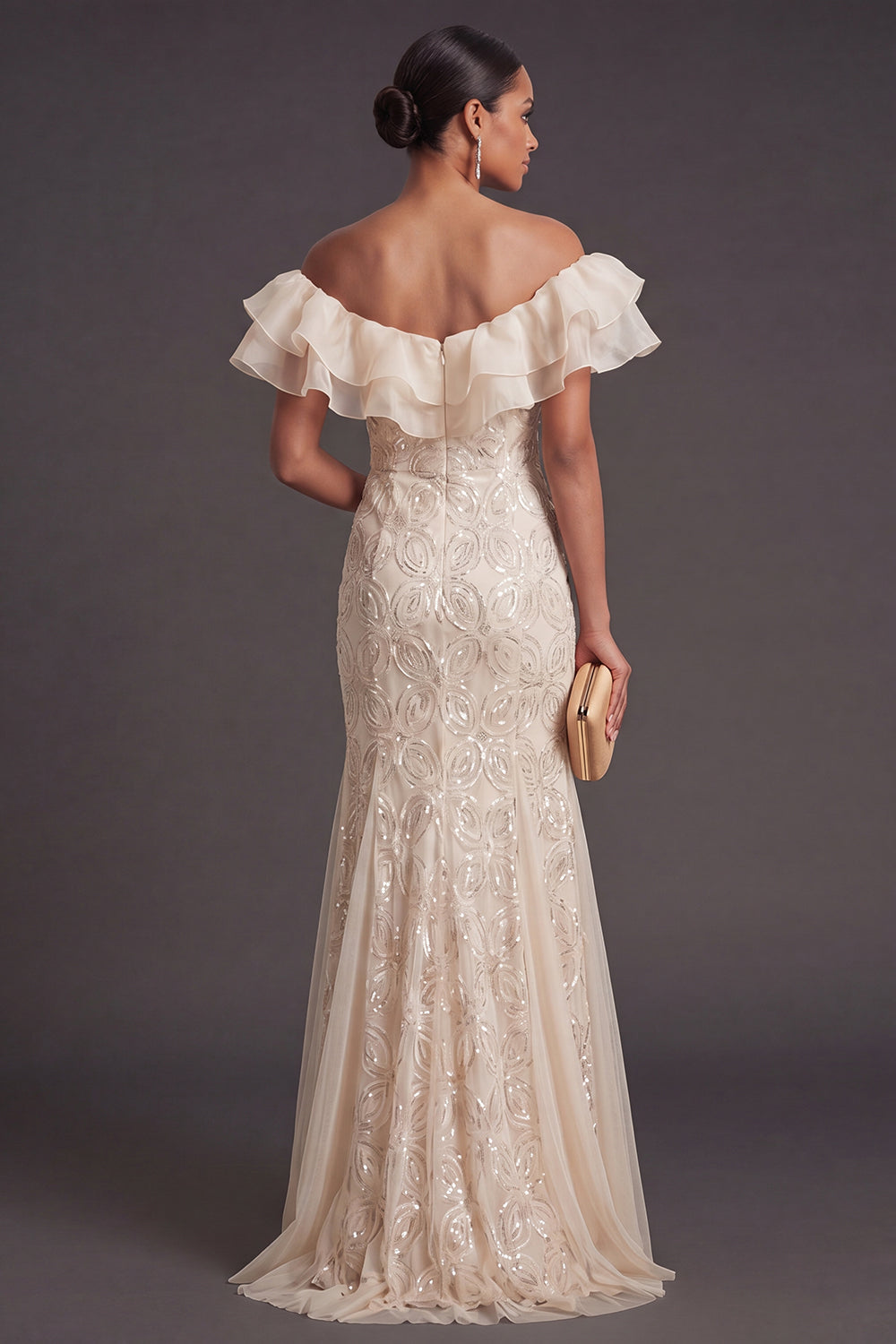 Sparkly Apricot Floral Off the Shoulder Mermaid Long Formal Dress with Slit