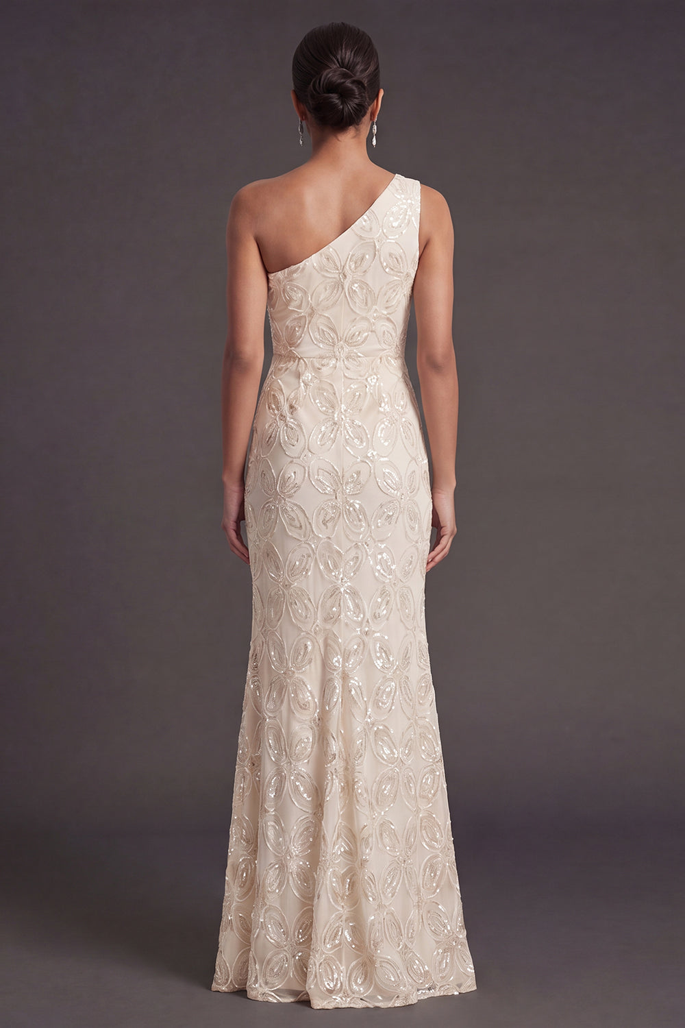 Apricot Sparkly Floral Mermaid One Shoulder Long Formal Dress with Slit