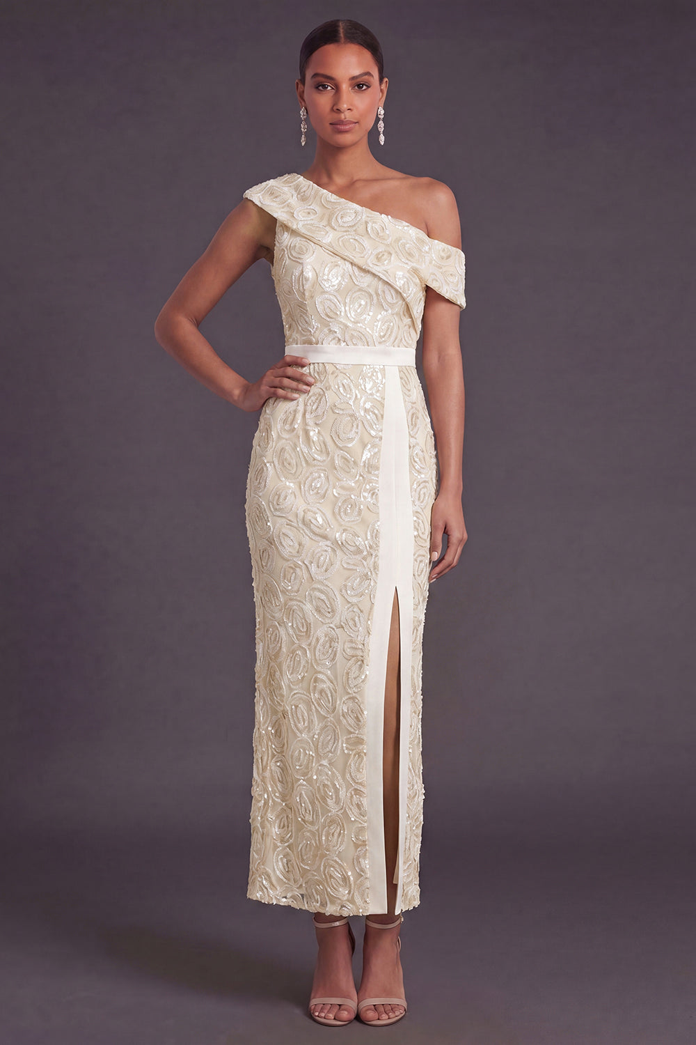 Apricot Sparkly Floral One Shoulder Mermaid Long Formal Dress with Slit