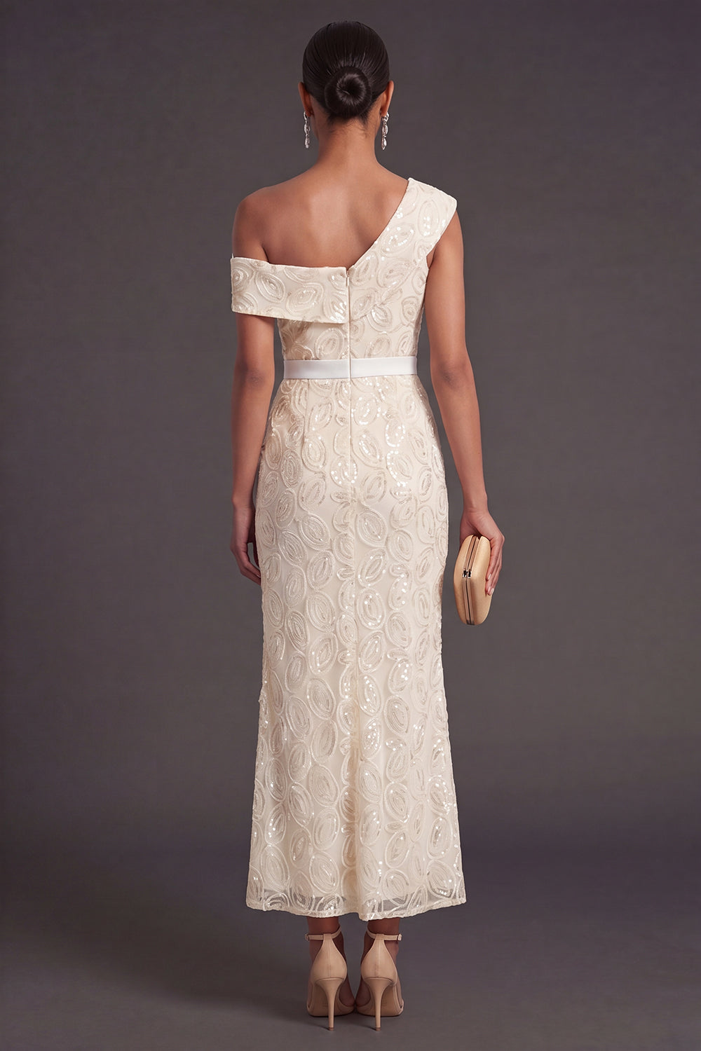 Apricot Sparkly Floral One Shoulder Mermaid Long Formal Dress with Slit
