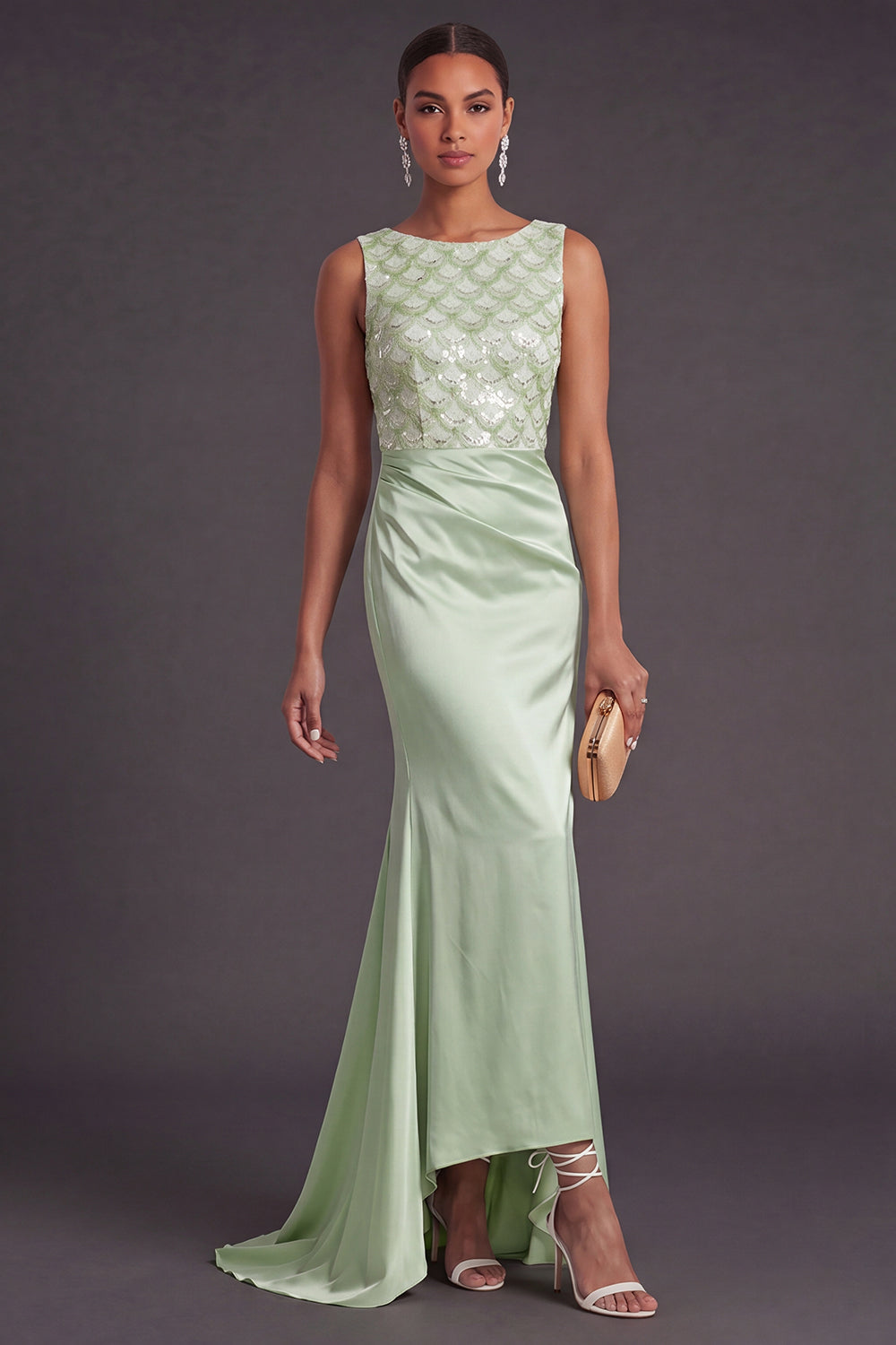 Light Green Sparkly Sequin Mermaid Boat Neck Long Formal Dress