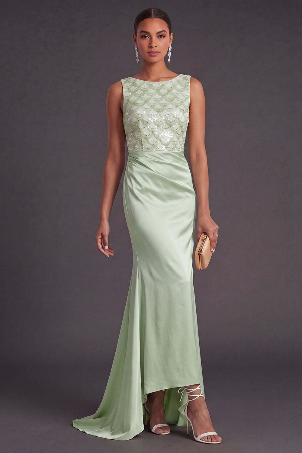 Light Green Sparkly Sequin Mermaid Boat Neck Long Formal Dress