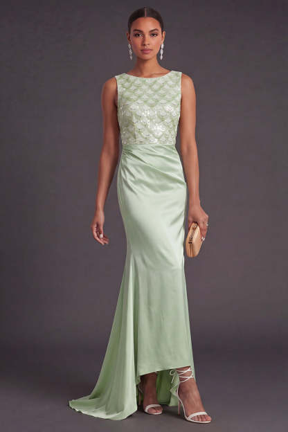 Light Green Sparkly Sequin Mermaid Boat Neck Long Formal Dress