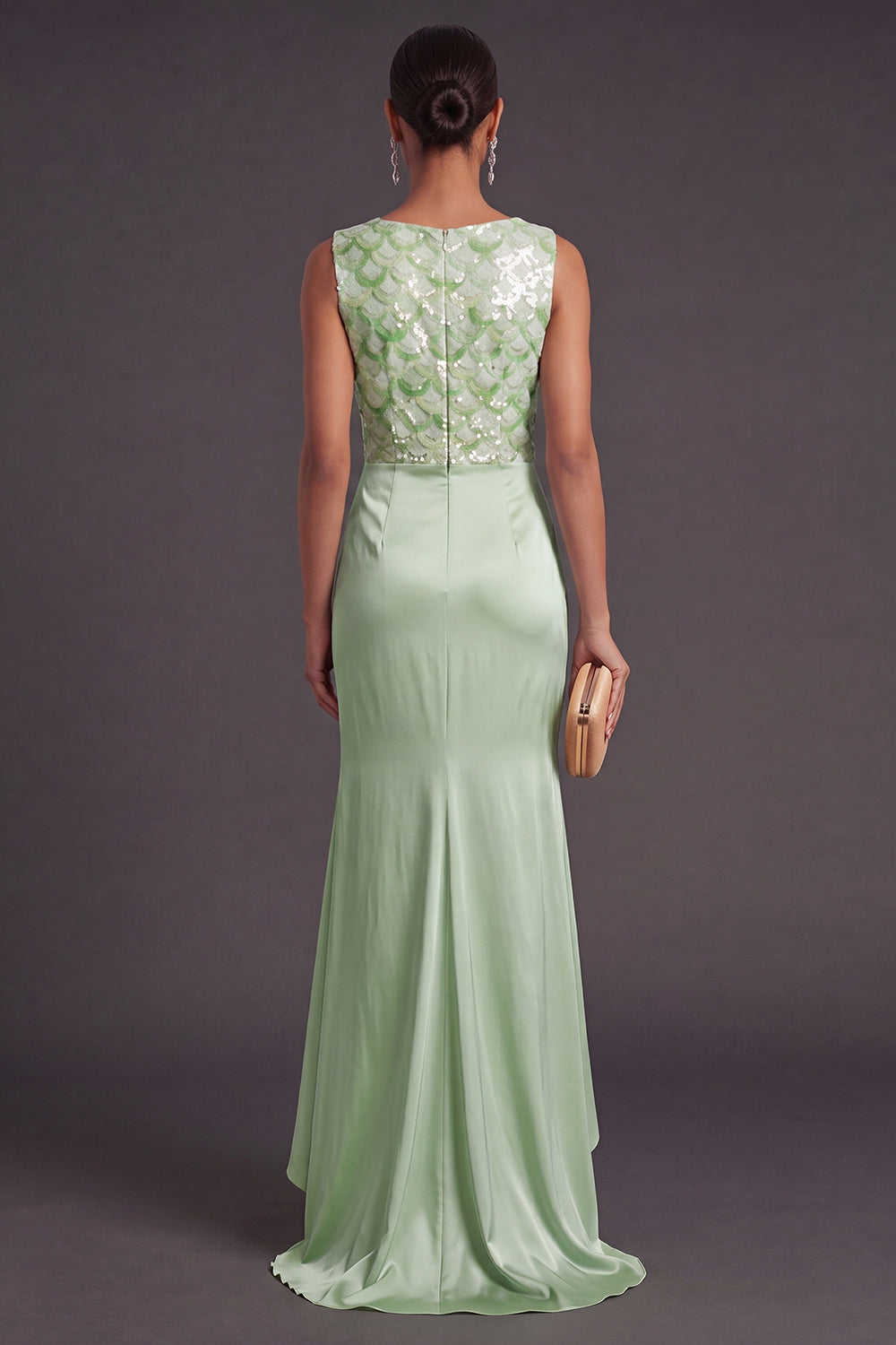 Light Green Sparkly Sequin Mermaid Boat Neck Long Formal Dress