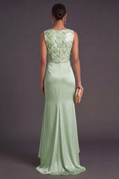 Light Green Sparkly Sequin Mermaid Boat Neck Long Formal Dress