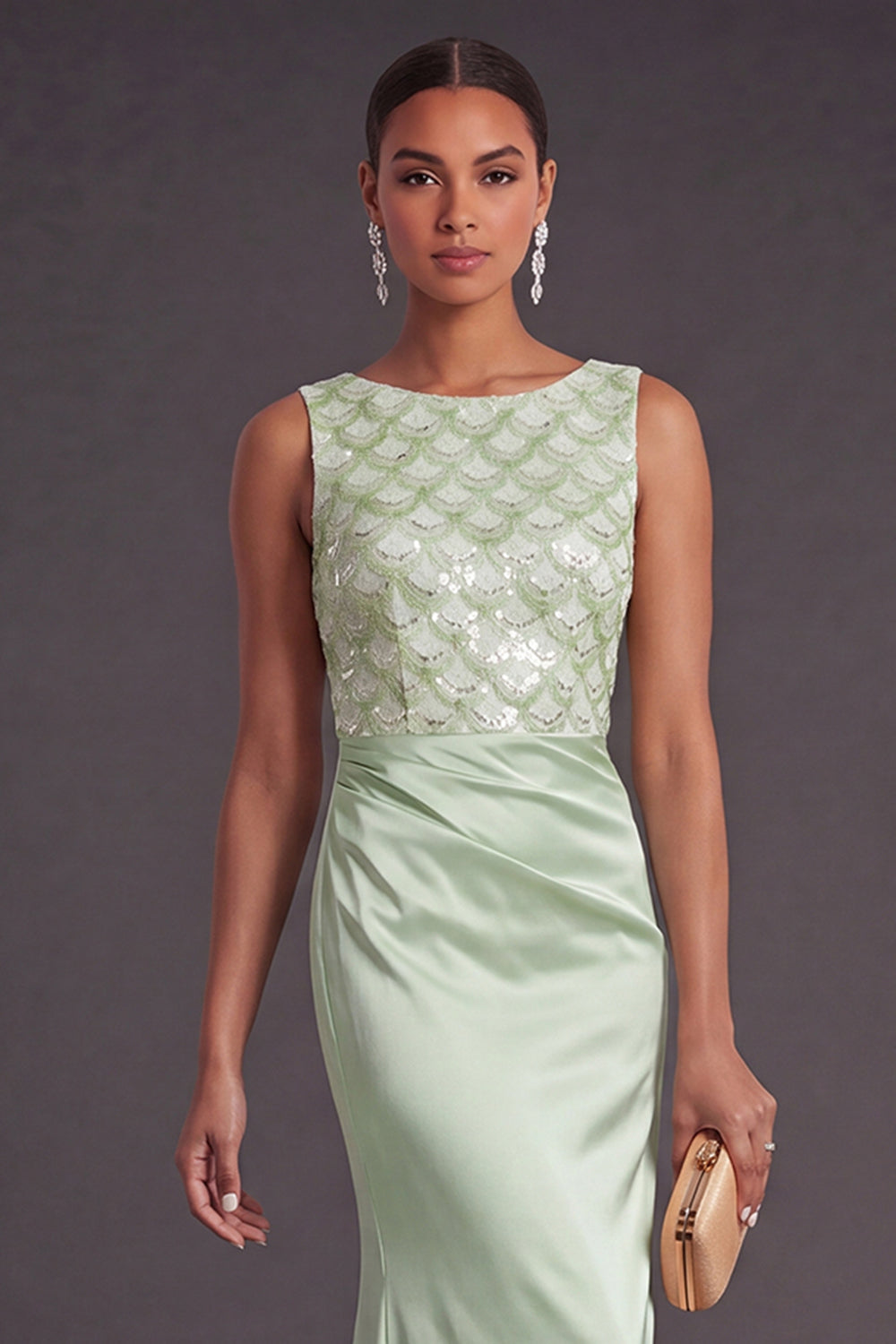 Light Green Sparkly Sequin Mermaid Boat Neck Long Formal Dress