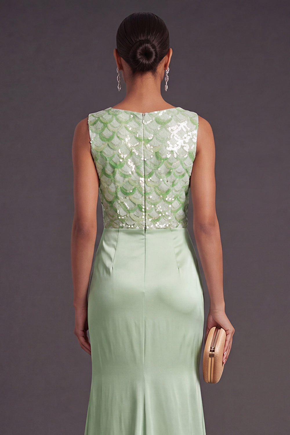 Light Green Sparkly Sequin Mermaid Boat Neck Long Formal Dress