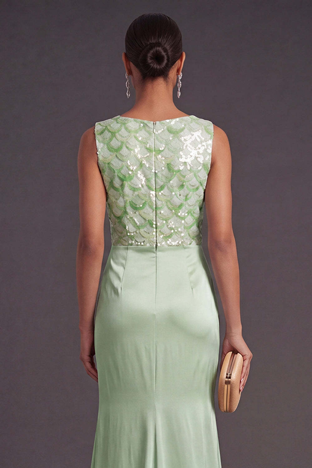 Light Green Sparkly Sequin Mermaid Boat Neck Long Formal Dress