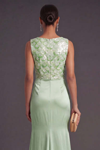 Light Green Sparkly Sequin Mermaid Boat Neck Long Formal Dress